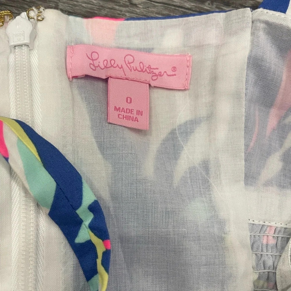 LILLY PULITZER DRESS BRIGHT PINK BLUE FLORAL WOMENS SZ 0 STRAPS RUCHED SUNDRESS - Picture 9 of 10